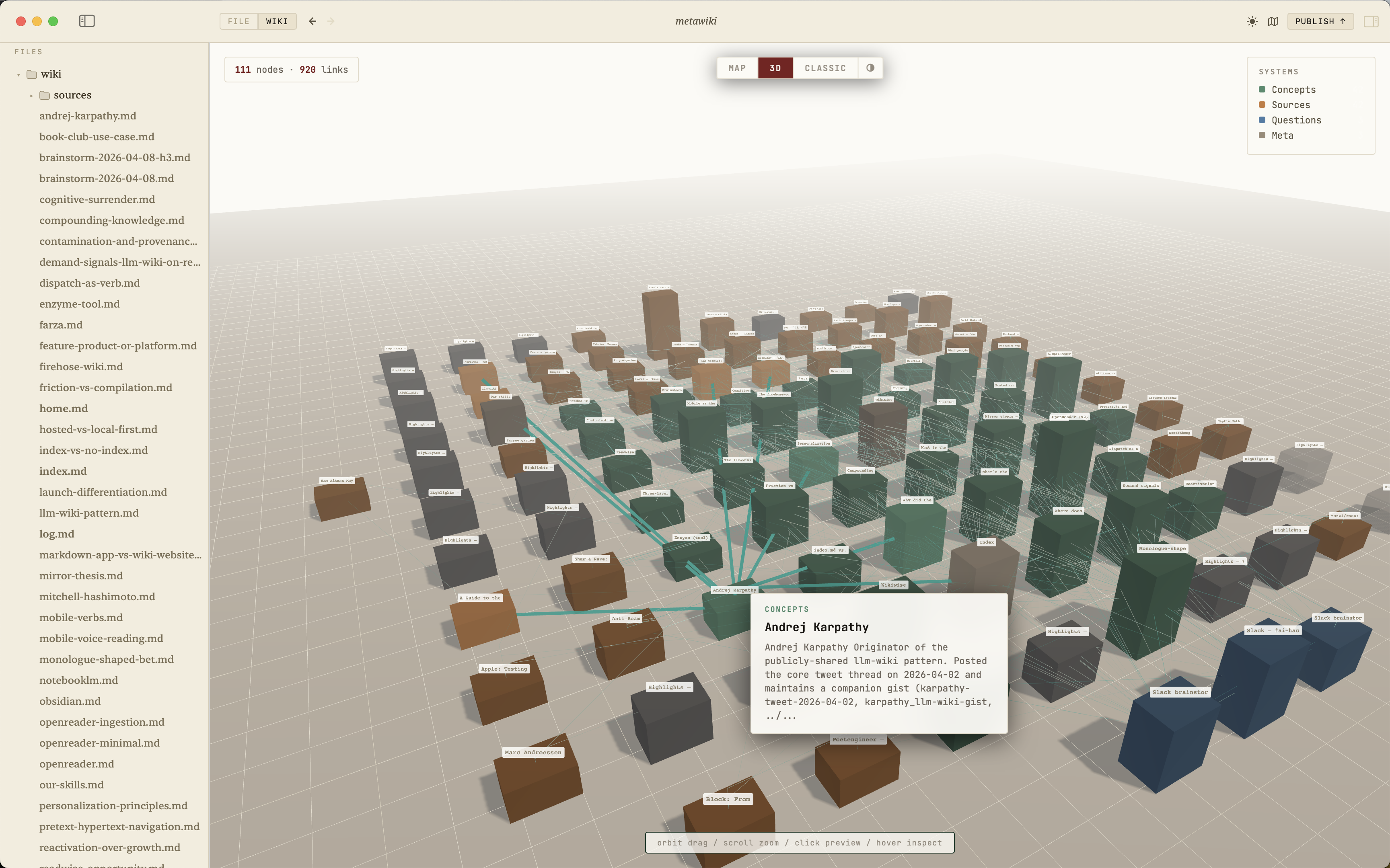 Wikiwise 3D knowledge graph showing interconnected wiki pages